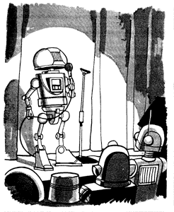 [Cartoon of a robot doing standup comedy before an audience of robots]